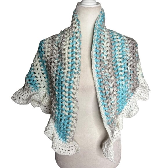 Handmade Blue Grey White Crochet Knit Shawl Wrap With Ruffled Edges Soft NEW - Picture 5 of 5